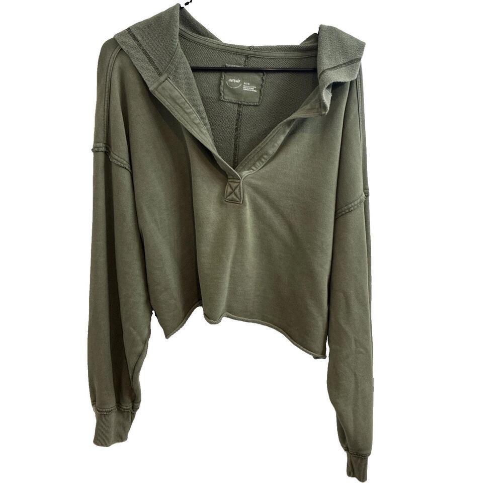 Aerie Womens XL Long Sleeve Hooded Cropped Pullover Oversized Olive Green